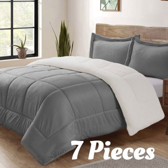 New 7 PC Reversible Micromink Sherpa Comforter Set • DQ • Charcoal Grey - Picture 1 of 4